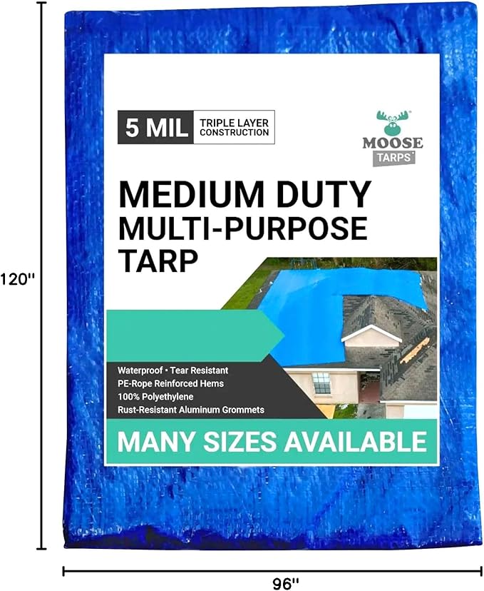 8' x 10' Waterproof Tarp | Medium Duty Reversible Blue/Silver | Multipurpose Indoor/Outdoor Use: Tents, Wood Cover, Furniture, Car, Boat, Pool, & More | Tear Resistant
