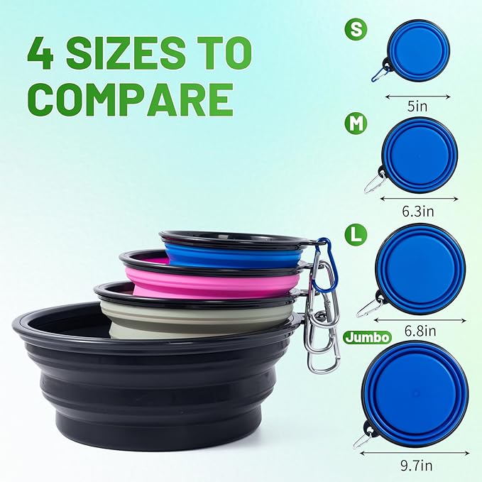 Dog Bowl Pet Collapsible Bowls, 2 Pack Collapsible Dog Water Bowls for Large Dogs Cats, Portable Pet Feeding Watering Dish for Walking Parking Traveling with 2 Carabiners (Blue+Green, Jumbo)