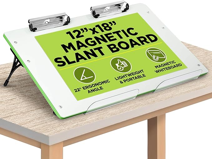 Slant Board for Writing – Adjustable Magnetic Whiteboard & 22° Angle Ergonomic Desk for Reading, Writing, Drawing and Studying – Portable Tabletop Stand for Students and Teachers - Green