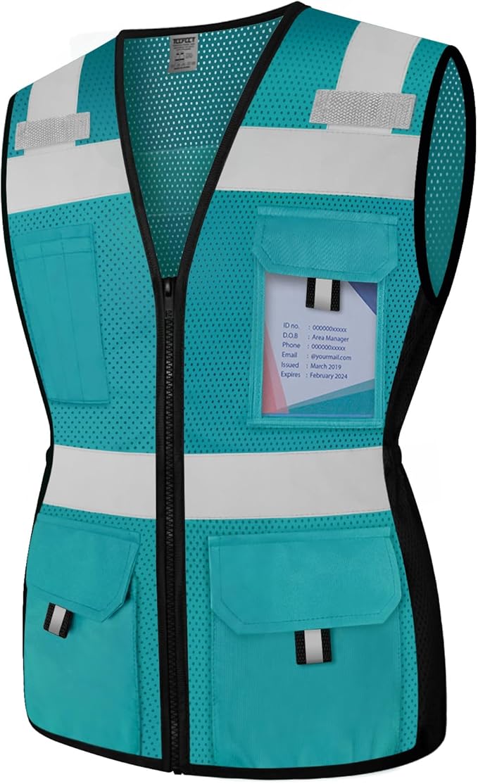 TCCFCCT Women High Visibility Vest 11 Pockets Snug-Fit Reflective Safety Vest with Zipper, Neon Construction Work Vest for Lady Contractors/Surveyors/Workers, Durable,Meets ANSI, Malachite Blue L
