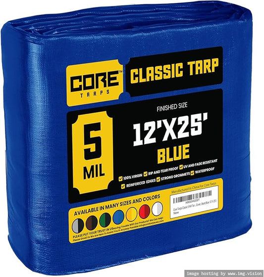 Core Tarps Classic 5 Mil Tarp Cover, Waterproof, UV Resistant, Rip and Tear Proof, Poly Tarpaulin with Reinforced Edges for Roof, Camping, Patio, Pool Cover, Boat (Blue 12′ X 25′)