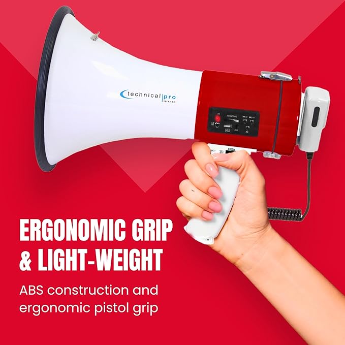 Technical Pro Portable Lightweight 75-Watt Megaphone Bullhorn w Siren, Detachable Microphone & Strap - Professional Outdoor Voice for Police & Cheer Leading