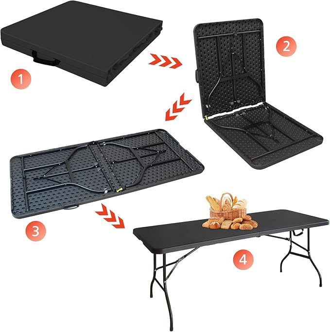 Portable 6Ft Plastic Folding Table, Heavy Duty 6ft Fold-in-Half Table with Carrying Handle, 6' Folding Utility Foldable Table for Picnic Party Camping Kitchen, Indoor/Outdoor (Black)
