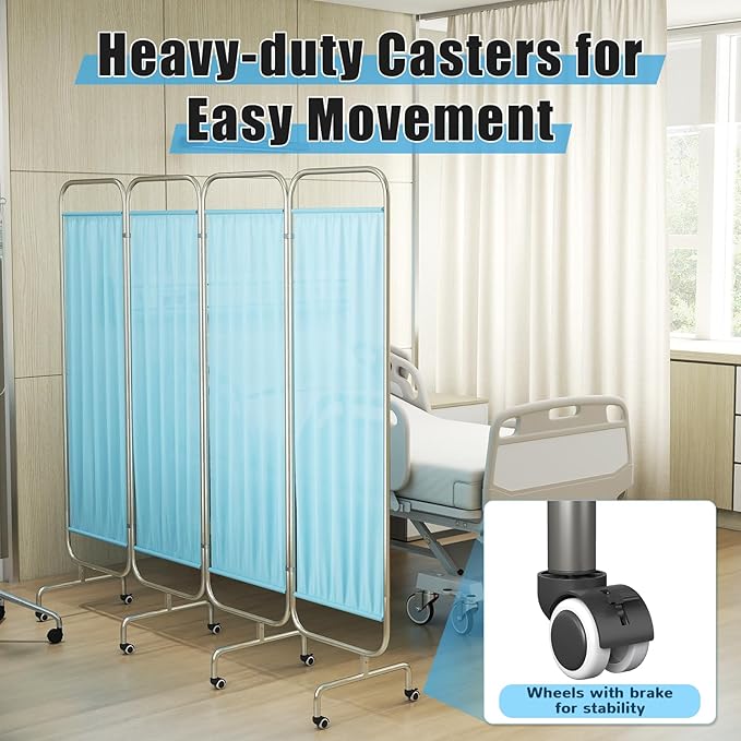 tonchean 4-Panel Medical Privacy Screens with Wheels Foldable Mobile Hospital Screen Silent Lockable Room Divider for Clinics, Nursing Homes and Salons, Blue