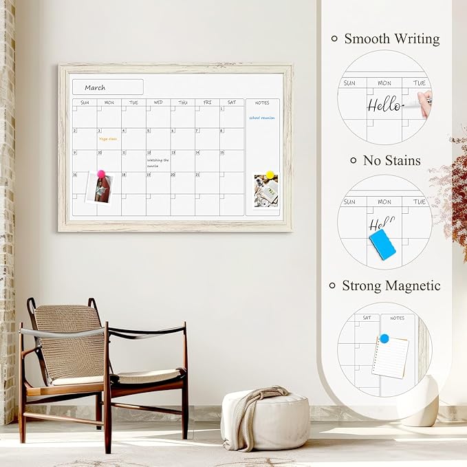 4 THOUGHT Whiteboard Calendar 36" x 24" Magnetic Dry Erase Board Wood Frame Wall-Mounted Monthly Planner White Board Decorative Notice Board for Office School Home, White Vintage