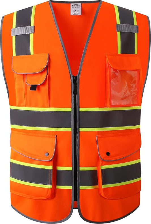 JKSafety 9 Pockets Hi-Vis Neon Orange Color Zipper Front Safety Vest with Fluorescent Yellow Extend Edge outlining the Reflective Tapes Meet ANSI/ISEA Class 2 Standard (901-Orange, 5X-Large)