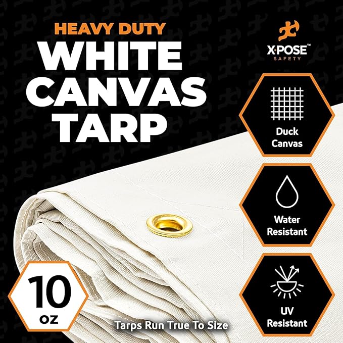 Xpose Safety Canvas Tarp - 10oz White Canvas Tarps Heavy Duty Water Resistant with Brass Grommets- Multipurpose Outdoor Tarpaulin for Camping, Canopy, Trailer, Equipment Cover 8' x 12' (2 Pack)