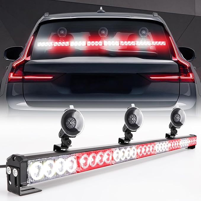 35.5 Inch Traffic Advisor Strobe Light Bar Hazard Warning Emergency 32 LED High Intensity Directional Flashing Safety Lightbar 13 Flashing Modes with Cigarette Lighter Suction Cups (Red White)