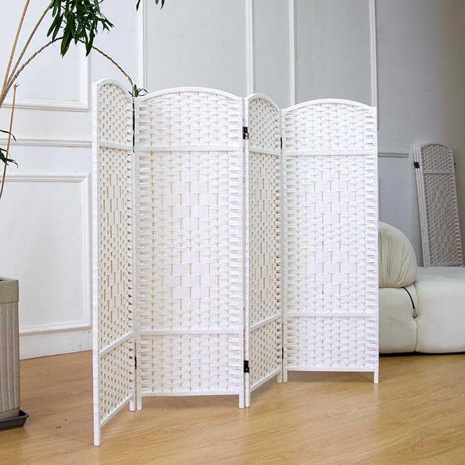 4 Panel Rattan Divider Short Room Partition Screen,Double Sided Folding Divider for Room Separation,White,47.2" H x 63" W