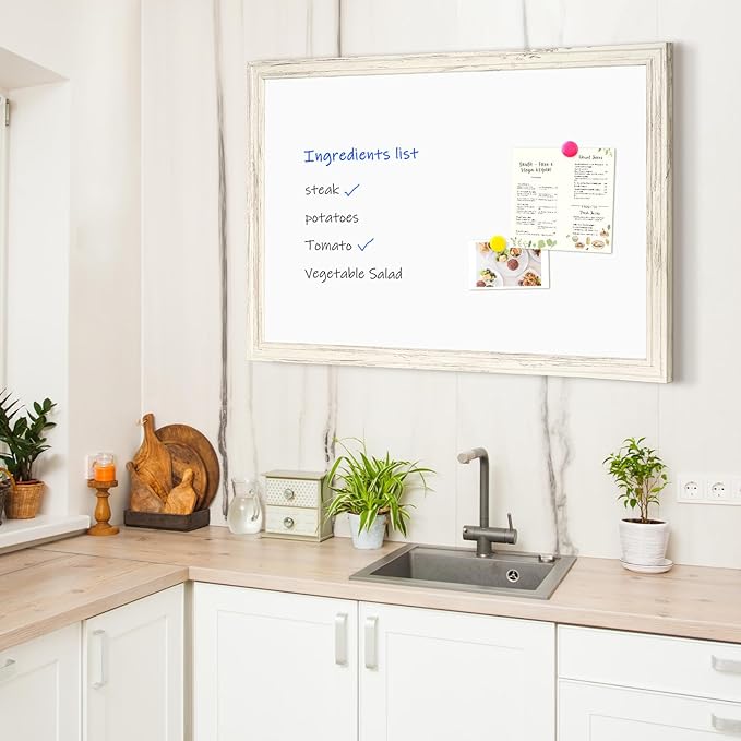 4 THOUGHT Dry Erase Board, 18 x 24 in Magnetic Whiteboard White Vintage Wood Frame Wall-Mounted White Board Decorative Notice Board for School, Office, Home, 8 Magnets 4 Markers 1 Eraser