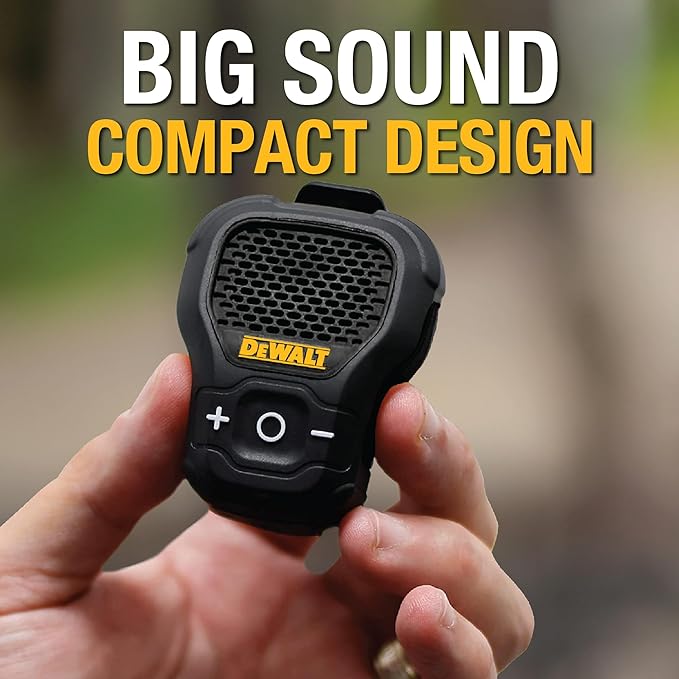 DEWALT Wearable Bluetooth Speaker [Onyx Edition - Black] Clip-On Wireless Jobsite Pro Water-Resistant Portable Speaker (Non- Magnetic), Mic for Hands-Free Music/Calls, Mini Speakers Bluetooth Wireless