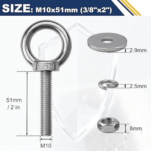 12 Pack M10 Stainless Steel Eye Bolts with Nuts, 3/8" x 2" Long Lifting Ring Eye Bolt， Eye Bolts Heavy Duty for Hang Tie Down Outdoor (12, M10x51mm (3/8"x2"))