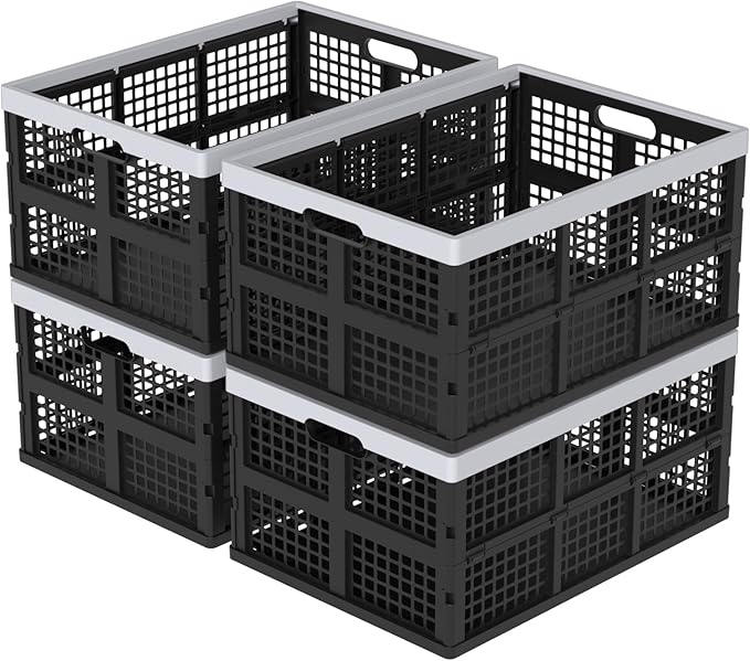 4 Packs 66 L Plastic Collapsible Storage Crates, Large Folding Stackable Crate