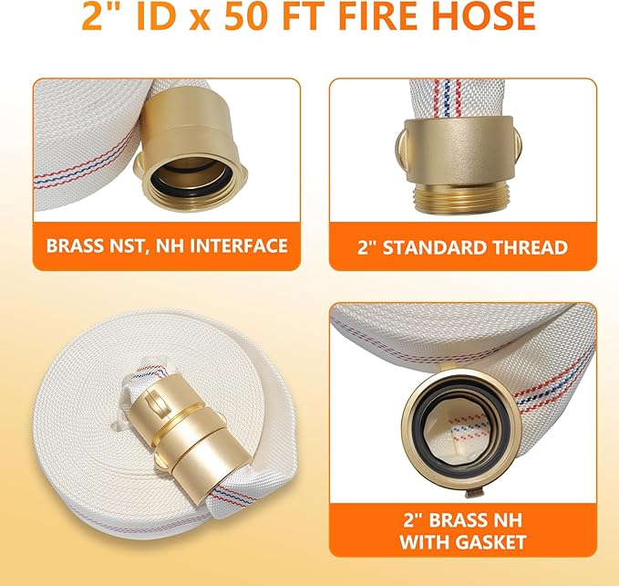 Fire Hose 50 FT x 2" ID, M × F NST/NH Brass Couplings, Single Jacket TPU, Working Pressure 250 PSI, Burst Pressure 750 PSI, Indoor Fire, Home, Garden Fire Hose Irrigation