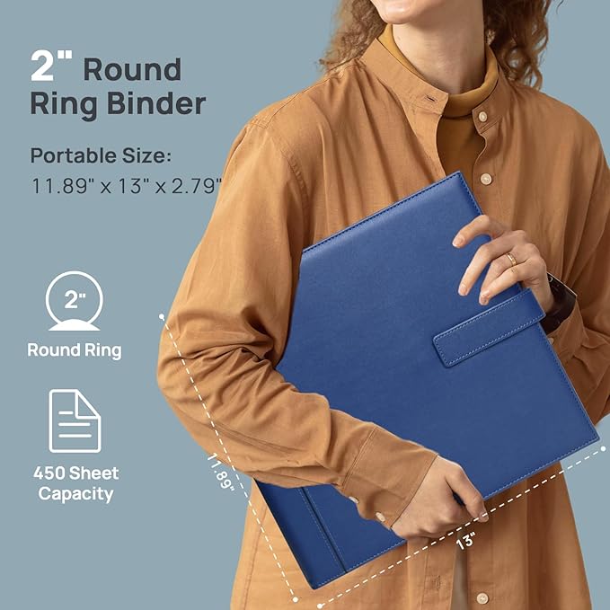 POPRUN PU Leather 2 Inch 3 Ring Binder, Professional Business Organizer- Includes PP Dividers, 100GSM / Grade AA Filler Papers, Card &Sticker for Tab- Ideal for Office Presentation Meetings, Blue