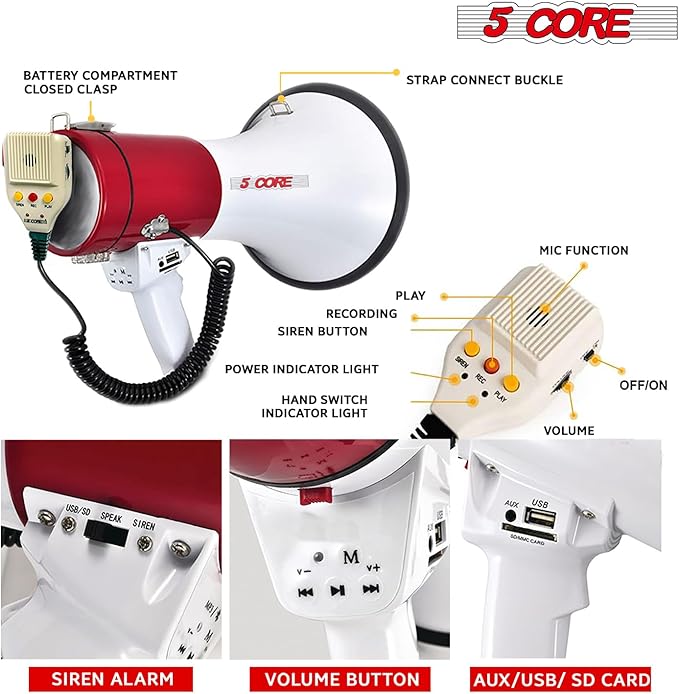 5 CORE Megaphone 50W Bull Horn Professional PA Speaker w 1200 Yards Range Loud Siren Voice Amplifier USB/SD/3.5mm Aux Portable Megafono for Emergency Outdoor Sports and Coaches - 66SF