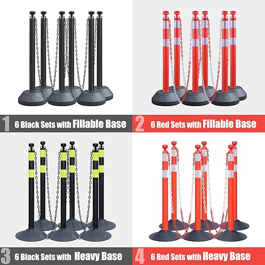 6-Set Pack 40" inch Red White Work Zone Chain Post Set, Traffic Delineator Post Cones, 6 x 6.6' Feet Plastic Chains, Portable Crowd Control Stanchion Set (Red-Rubber Base)