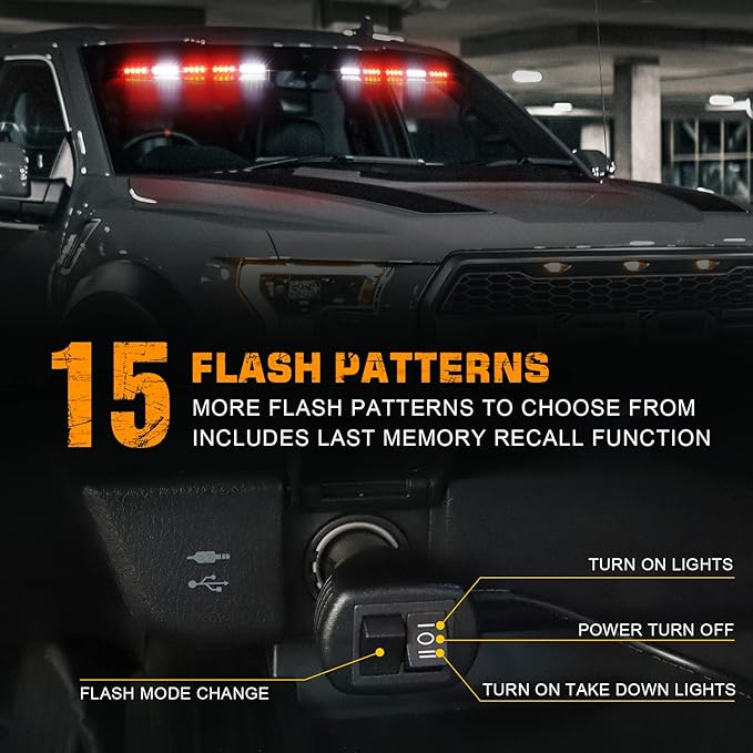 XRIDONSEN 34 inch Emergency Visor Lights 40 LED Red White Strobe Lights Interior Front Windshield Warning Flashing Hazard Light w/Take Down for Volunteer Firefighter Vehicles POV Trucks
