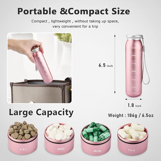 Weekly Pill Organizer, Portable Travel 7 Day, Waterproof Container, Large, Aluminum, Metal, Hold Vitamins, Cod Liver Oil, Supplements and Medications (Pink)