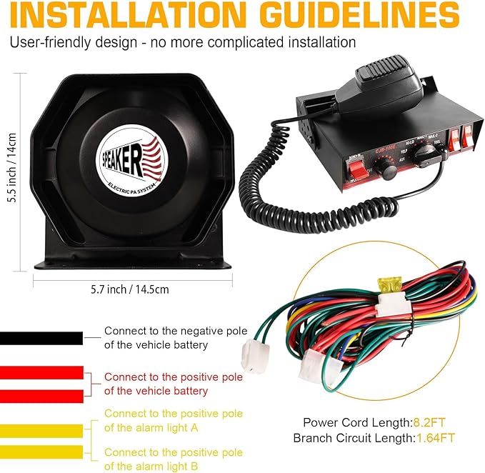 150W Emergency Vehicle Siren with PA System - 108-134dB Police/Fire Truck Sirens, Yelp/Wail/Hi-Lo Modes, IP67 Waterproof, Includes Mic & Speaker for Car PA Systems | Truck pa System kit