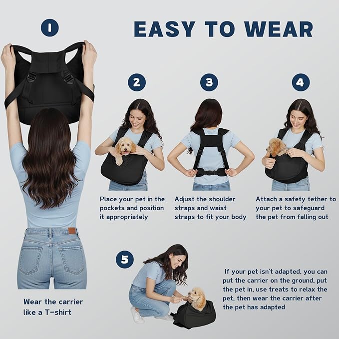 Dog Sling Carrier for Small Dogs with Bottom Support, Adjustable Pet Front Dog Carrier-Padded Straps Reducing Back Neck Pain, Anti-Anxiety Backpack for Travel Hiking Camping, Hands Free (Black,M)