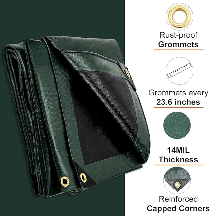 Tarp 8x10 Feet, 14 Mil Waterproof Tarps Heavy Duty with Brass Grommets, Thick Plastic Tarp, UV Resistant Tear&Fade Resistant, Reinforced Edges for Outdoor Pool Car Camp Tent