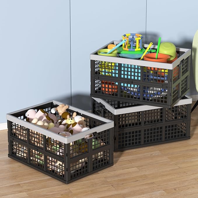 Plastic Collapsible Milk Crates, Collapsible Storage Bins, Foldable Baskets, 42 Liters, Pack of 4 in Black