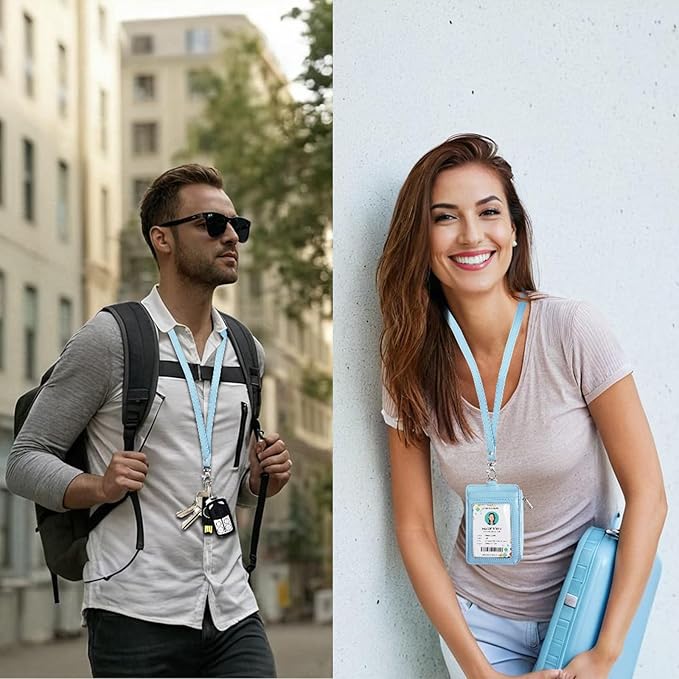 Bolimoss 2-in-1 ID Badge Holder & Lanyard Wallet, Credit Card Holders with Breakaway Neck Lanyard, Leather ID Name Badge 5 Card Slots Zipper Purses for Offices, School, Driver Licence, Baby Blue