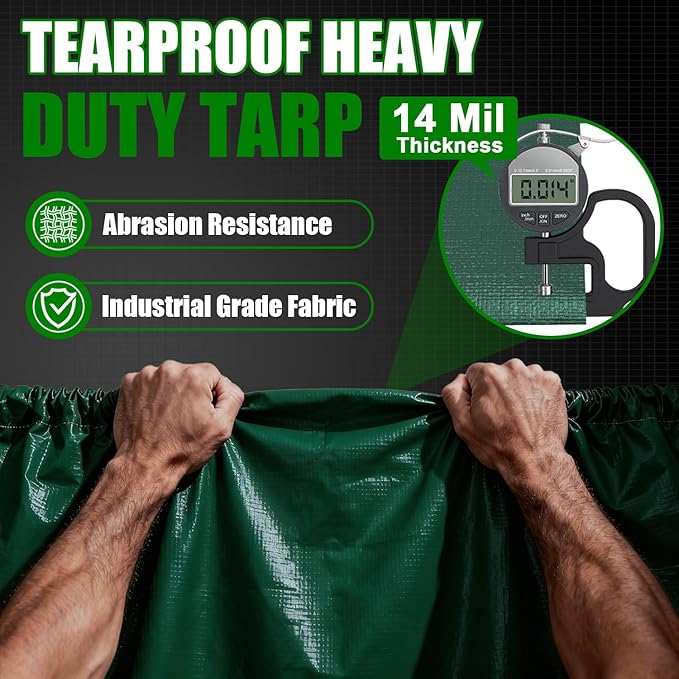 Sunvigor Tarp Waterproof 10x20Ft, Extra Thick 14 Mil Heavy Duty Tarp Cover, Tear & Fade Resistant, Outdoor Tarps with Brass Grommets and Reinforced Edges for Roof, Camping, Patio, Boat (Green)