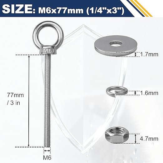 12 Pack M6 Stainless Steel Eye Bolts with Nuts, 1/4" x 3" Long Lifting Ring Eye Bolt， Eye Bolts Heavy Duty for Hang Tie Down Outdoor (12, M6x77mm (1/4"x3"))