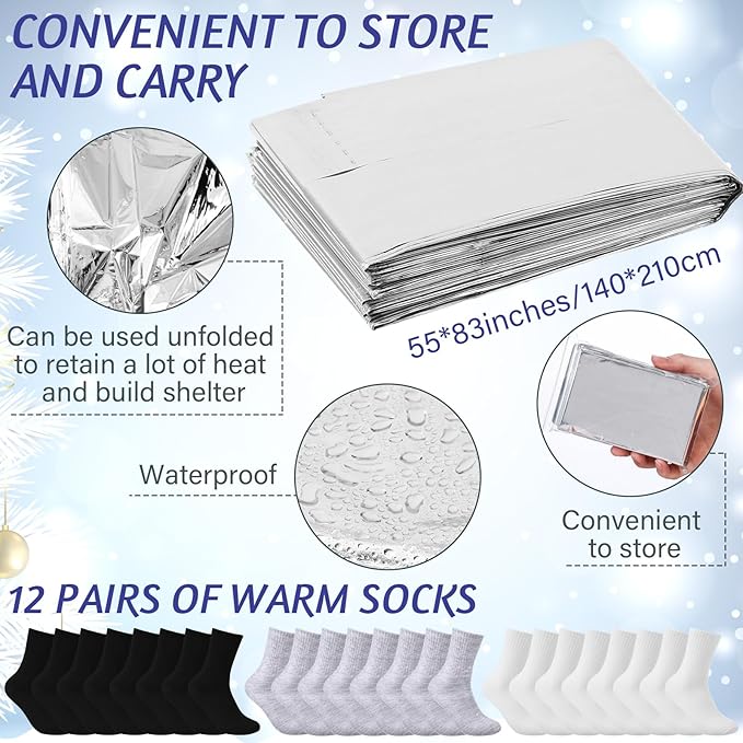Suhine 72 Pcs Homeless Care Package Supplies Bulk Winter Emergency Blanket Glove Beanies Scarves Sock Drawstring Bag Unisex