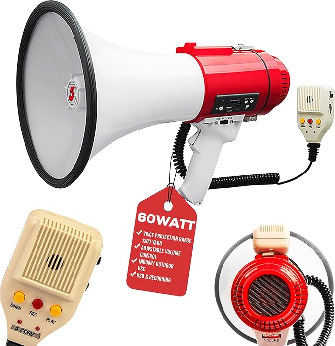 5 CORE Megaphone 60W Bull Horn Professional PA Speaker w 1200 Yards Range Loud Siren Voice Amplifier USB/SD/3.5mm Aux Portable Megafono for Emergency Outdoor Sports and Coaches - 77SF