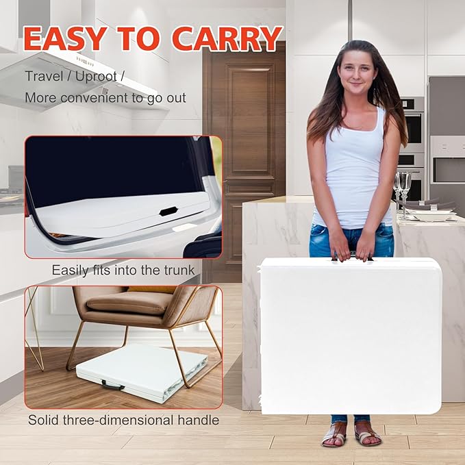 Portable 4Ft Adjustable Height Plastic Folding Table, Heavy Duty Fold-in-Half Table with Carrying Handle, Small Utility Foldable Table for Picnic Party Camping BBQ, Indoor/Outdoor(White)