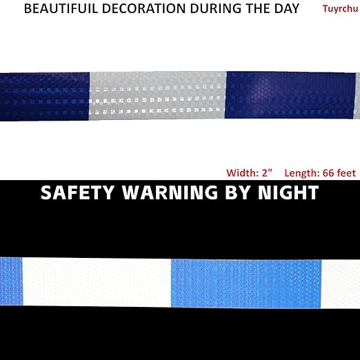 Reflective Tape Blue and White 2 inch X 66 feet, Outdoor Waterproof Hazard Conspicuity Warning Industrial Marking Tape
