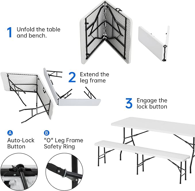 6 FT White Picnic Folding Table Set with 2 Benches, Portable Patio Dining Sets for Backyard, Lawn, Event, Party, Camping