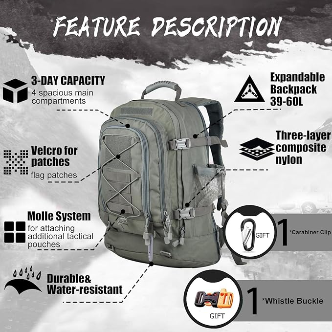 Large Military Bug Out Bag 3 Day Pack Expandable Backpack Army Daypack for Outdoor Hiking Hunting (Grey)