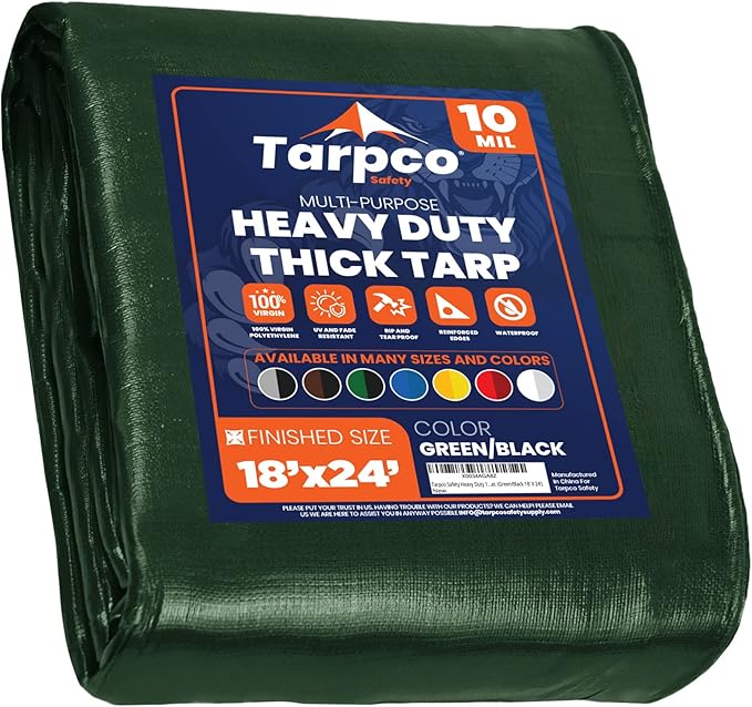 Tarpco Safety Heavy Duty 10 Mil Tarp Cover, Waterproof, UV Resistant, Rip and Tear Proof, Poly Tarpaulin with Reinforced Edges for Camping, Roof, Patio, Pool, Boat. (Green/Black 18′ X 24′)
