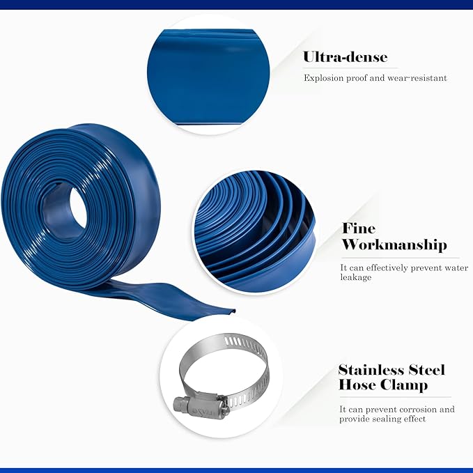 Eastrans 2''x50ft Pool Backwash Hose,Heavy Duty Discharge Lay Flat Hose for Swimming Pool, Drain Hoses with Hose Clamp
