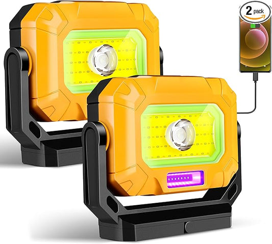 2 Pack Magnetic Work Light, 1500LM led work light, 4000mAh Rechargeable Work Light with 360°Rotating Magnetic Stand & Hook, 15 Modes, Magnetic flashlight for Car Repairing/Emergency/Camping