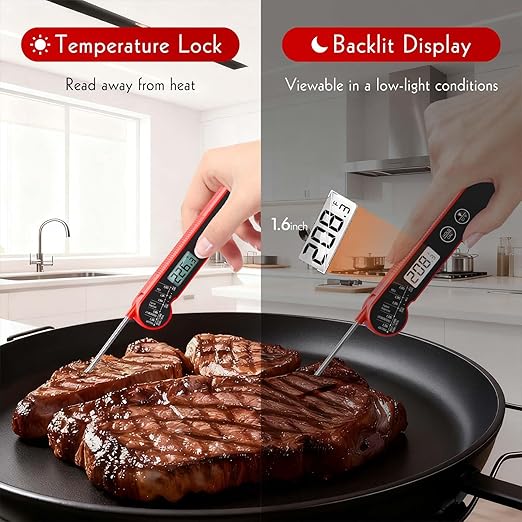 Meat Thermometer Digital with Backlight, Calibration & Hold Function, IP65 Waterproof Food Thermometer for Cooking, Outdoor Grilling, Candy Making