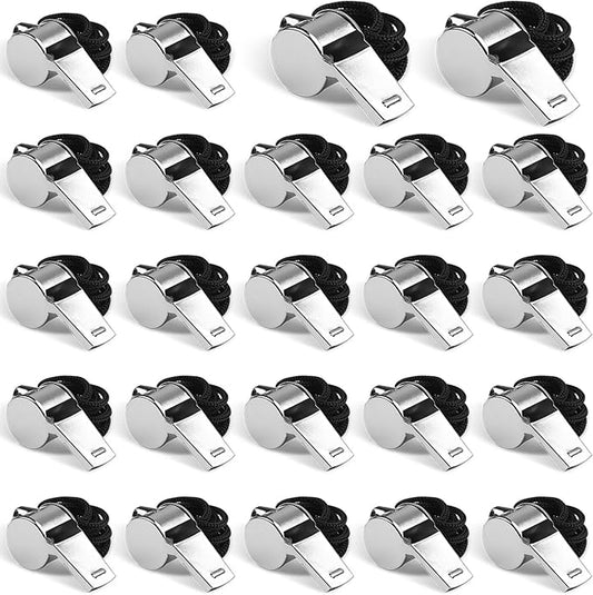 24-Pack Stainless Steel Whistles with Lanyards - Loud, Clear Sound for Coaches, Referees, Survival Kits & Outdoor Safety
