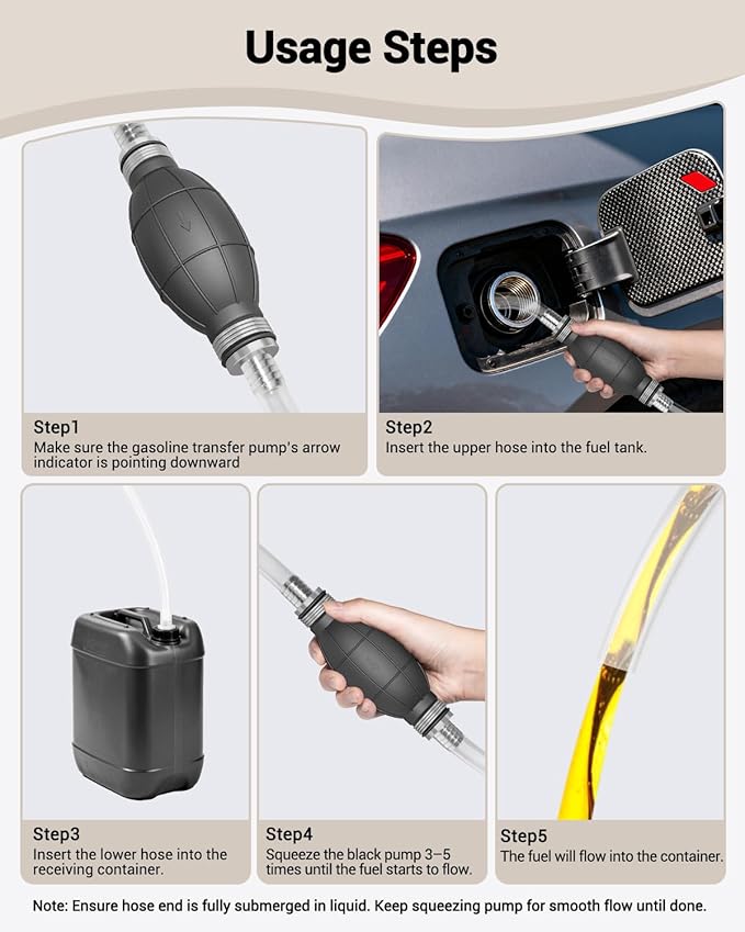 Hand Siphon Pump - Fuel Transfer Pump, Portable Gasoline Transfer Pump with 10 Ft PVC Hoses, Clip & Brass for Oil, Diesel, Water & Liquids.