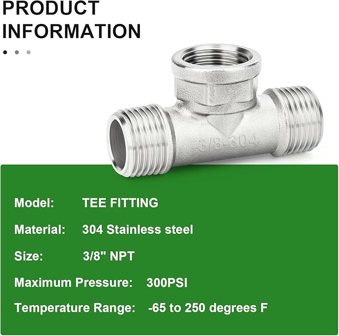 TAISHER 2PCS 304 Stainless Steel Tee Pipe Fittings, 3/8" NPT Male x 3/8" NPT Female x 3/8" NPT Male Pipe Fittings, Female Branch Tee