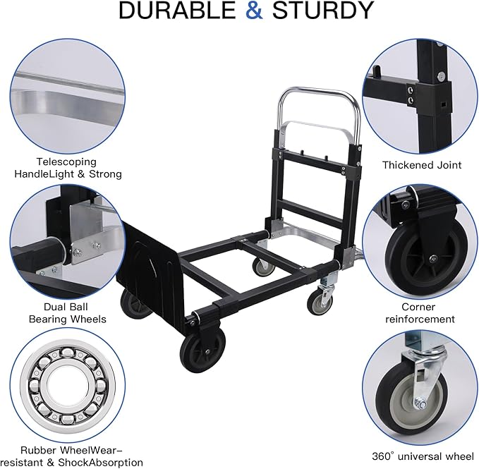 3 in1 Heavy Duty Convertible Hand Truck Dolly Cart, Folding Trolley Cart with Wheels, 600lbs Capacity for Transport Moving in Warehouse, Supermarket, Equipment (Black)