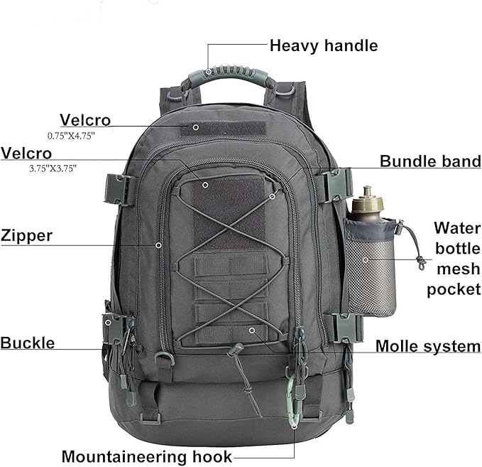 Large Military Bug Out Bag 3 Day Pack Expandable Backpack Army Daypack for Outdoor Hiking Hunting (Grey)