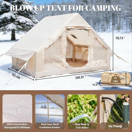 Easy Setup Inflatable Camping Tent, Waterproof 4 Season Air Tent with Hand Pump, Oxford Glamping Tent for 4/6/8 Adults