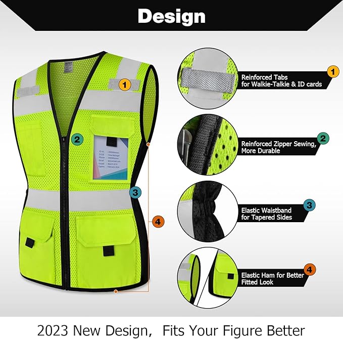 TCCFCCT Safety Vest for Women 11 Pockets Mesh Reflective Vest with Zipper, High Visibility Neon Construction Work Vest for Lady Surveyors/Warehouse, Snug-Fit, Durable, ANSI Compliant, Yellow XXL