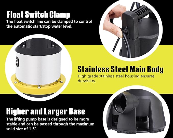 Sump Pump Submersible 7000GPH Powerful Water Pump for Pool Draining 1.5HP Stainless Steel Utility Pump with Float Switch 16FT Power Cord for Flooded House Sump Pit Pond Remove Water SUB 7000S