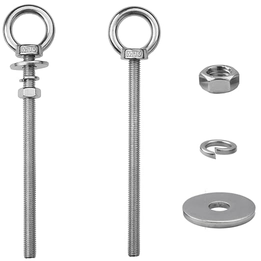 2팩 M10 스테인리스 스틸 아이 볼트, 너트 포함, 0.9cm x 15.2cm(3/8인치 x 6인치) 롱 리프팅 링 아이 볼트, 걸이용 타이 다운용 튼튼한 아이 볼트 (2, M10x153mm(3/8인치 x 6인치)))