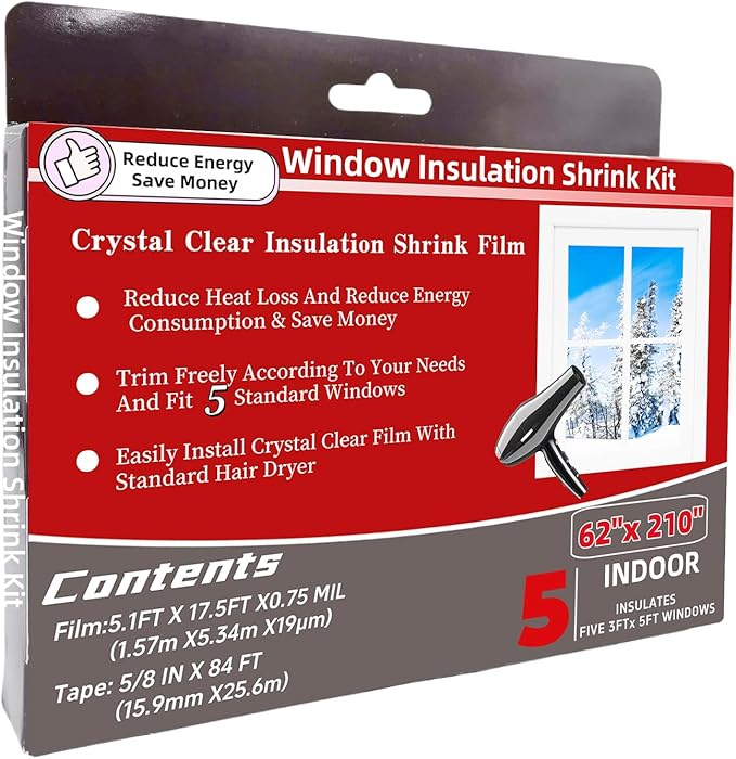 5-Window Shrink Film Window Insulation kit（62-Inch x 210-Inch），Insulating Film Window Kit Keeps Cold Air Out and Warm Air in (5 Windows)